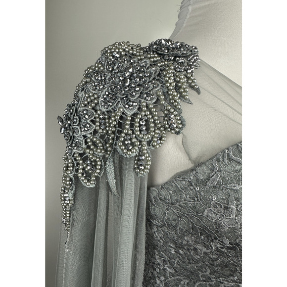 Dekolte Beaded Lace Sequin Evening Gown Mermaid Illusion Cape Sleeve Formal 42 - Picture 10 of 16